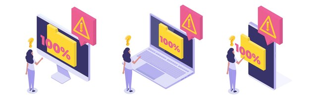Teléfono portátil escritorio memoria completa espacio de almacenamiento el archivo es completo conceptos conjunto isométrico vector