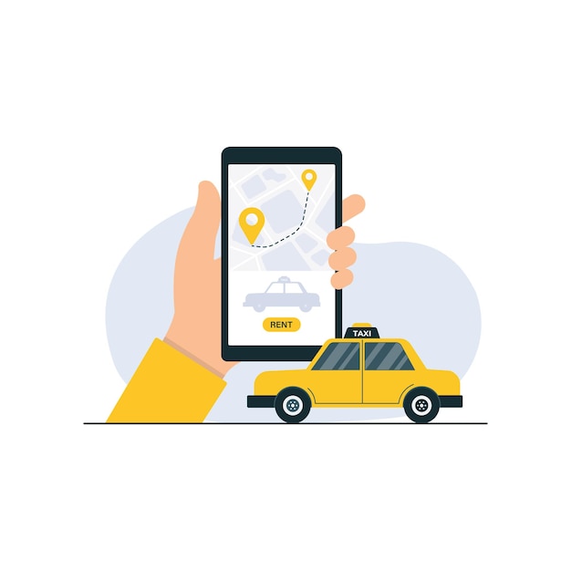 Teléfono portátil con ilustración vectorial de taxi Alquilar un diseño conceptual de taxi