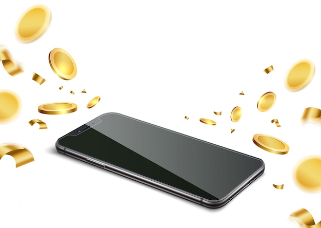 Teléfono realista con monedas de oro para el diseño de apuestas