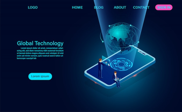Teléfono con red global. conexión a internet y página de inicio del concepto de comunicación global