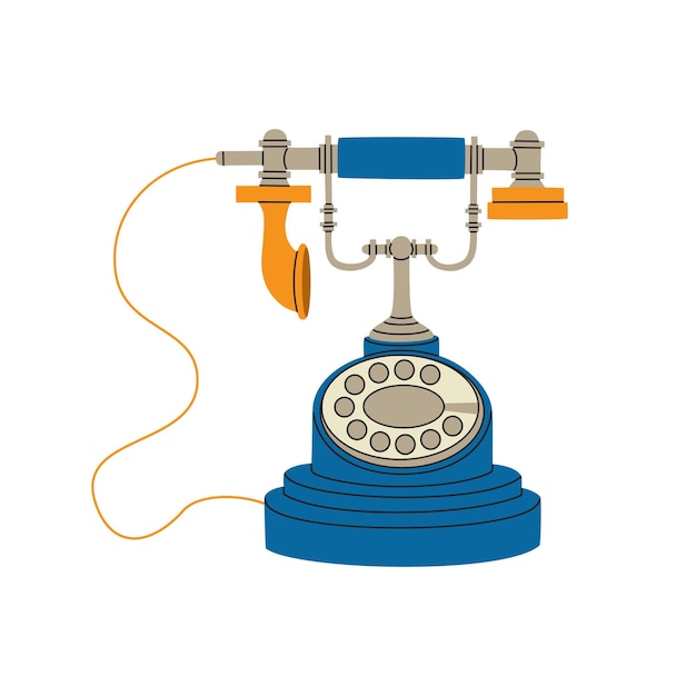 Teléfono retro azul. dispositivo con cable con microteléfono y disco. viejos medios de comunicación, vector dibujado a mano