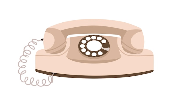 Teléfono retro con disco giratorio. Antiguo teléfono de princesa de los años 50. Juego de escritorio de historia con receptor de auriculares y disco. Dispositivo histórico obsoleto. Ilustración de vector gráfico plano aislado sobre fondo blanco