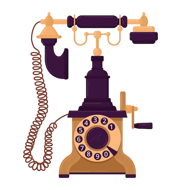 Vector teléfono vintage de dibujos animados teléfono rotativo clásico antiguo con cable teléfono de la vieja escuela ilustración vectorial plana
