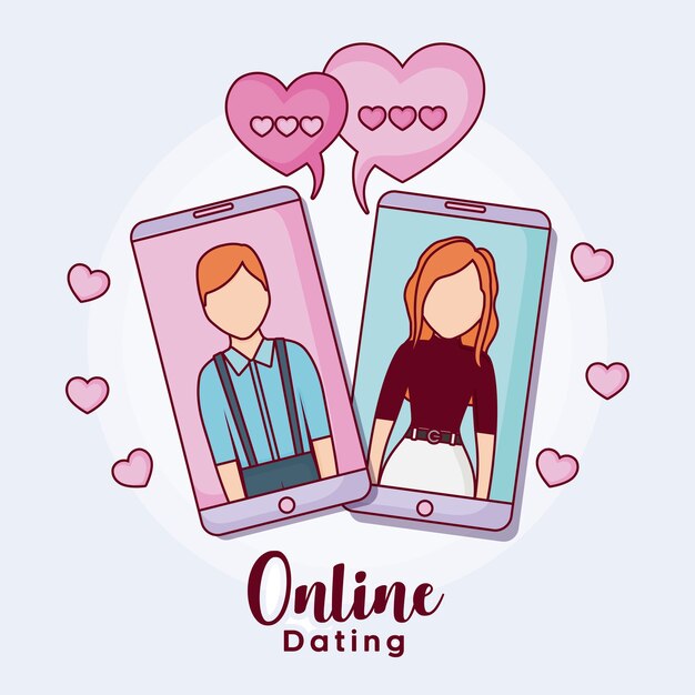 teléfonos celulares con hombre y mujer con corazones alrededor