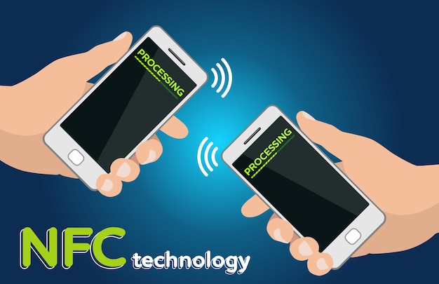 Teléfonos móviles de dos manos con el concepto de tecnología de pago de procesamiento NFC.