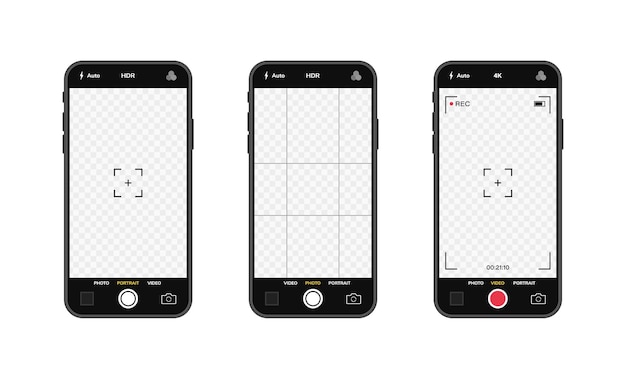 Vector teléfonos móviles con interfaz de cámara. aplicación de aplicación móvil. pantalla de foto y video.