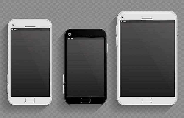 Los teléfonos móviles con pantalla táctil, teléfonos inteligentes de diferentes tamaños y tabletas vectoriales plantillas realistas