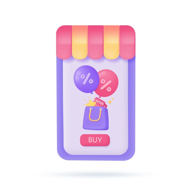 Los teléfonos móviles con toldos ofrecen a los clientes descuentos especiales Concepto de tienda en línea Ilustración 3D
