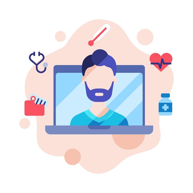 Telemedicina moderna Médico masculino dando consultas médicas en línea en la pantalla de la computadora portátil Asistencia médica remota Ilustración vectorial de estilo plano