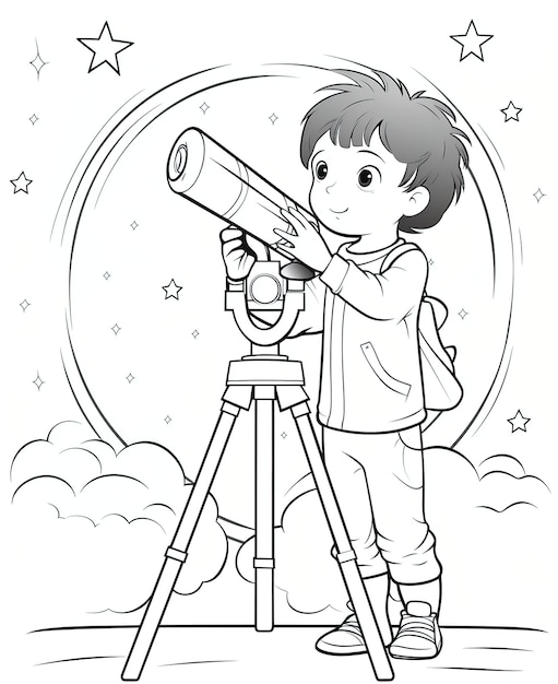 Vector telescopio en las estrellas página de libro de colorear para niños