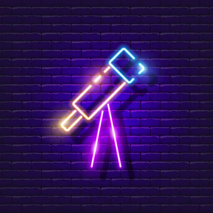 Vector telescopio con letrero de neón lección de astronomía icono de luz ilustración vectorial para el diseño concepto espacial