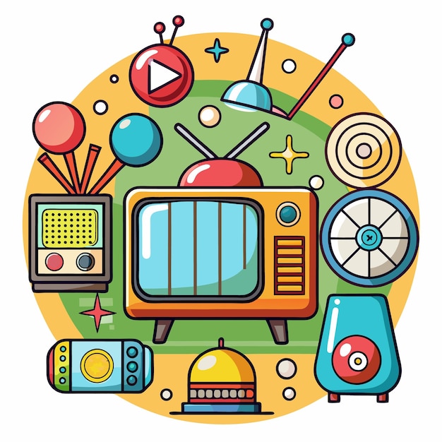 Televisión retro con equipo de audio vintage y botón de reproducción
