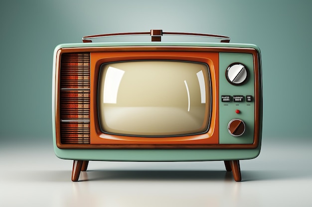 Televisión vieja roja de época en una mesa de madera en la habitación con fondo azul