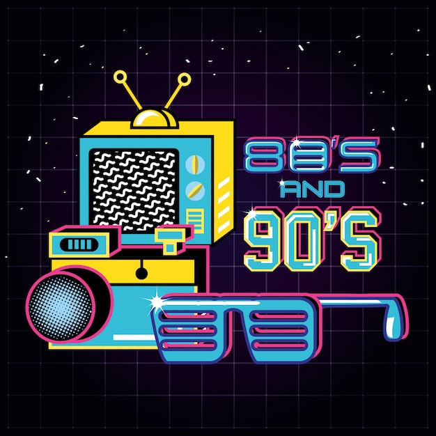 Televisor con íconos de los ochenta y noventa retro