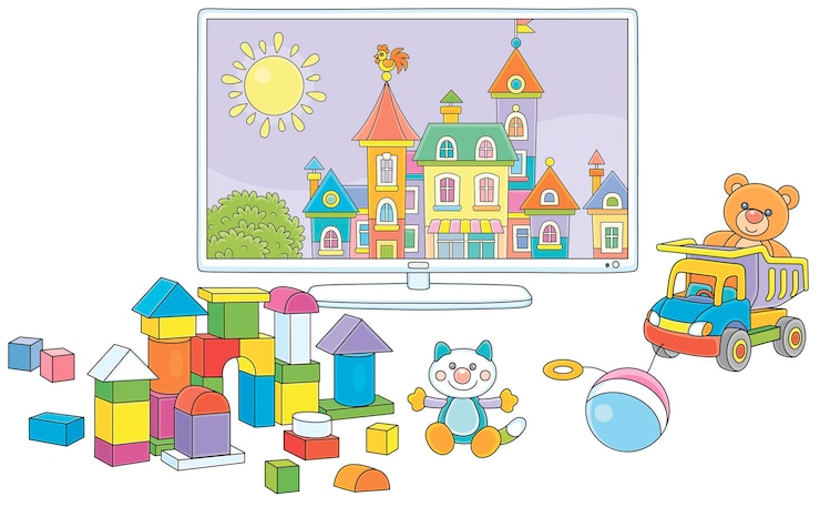Vector televisor con un pequeño pueblo de dibujos animados y juguetes divertidos en una guardería después de un juego divertido con amigos