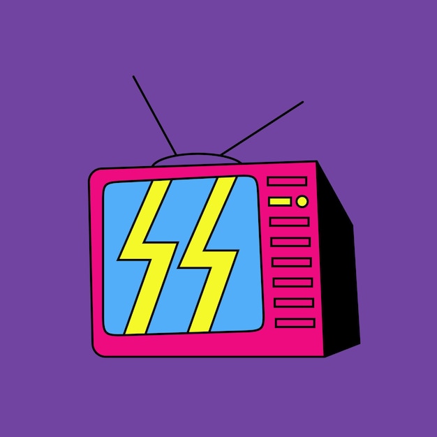 Un televisor rosa con un rayo en la pantalla se sienta sobre un fondo púrpura