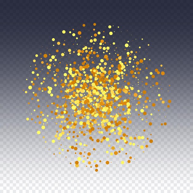 Telón de fondo aleatorio de novia. Frontera de papel de aluminio. telón de fondo de aniversario geométrico. Confeti de oro en fondo transparente. Partículas aisladas de polvo de oro. Tarjeta de cumpleaños irisante abstracta. Bokeh redondo vectorial.