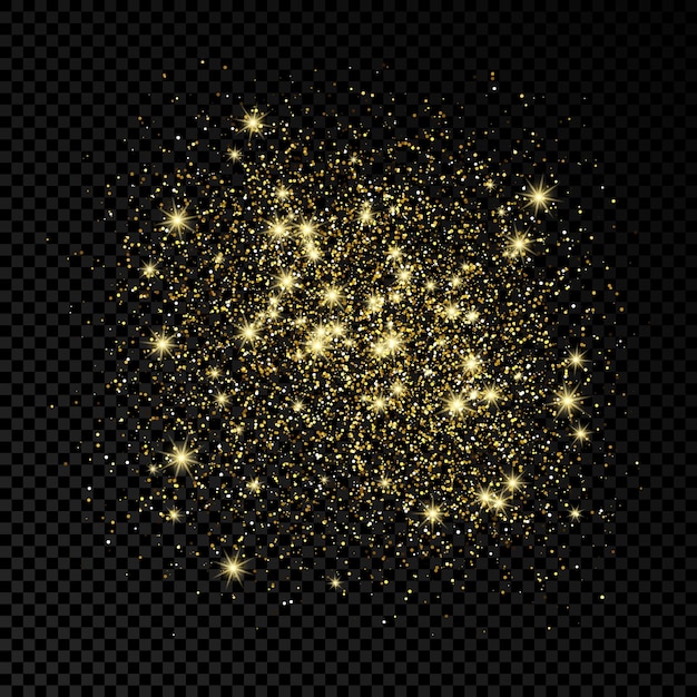 Telón de fondo brillante de destellos dorados sobre un fondo transparente oscuro. Fondo con efecto brillo dorado. Espacio vacío para su texto. Ilustración vectorial