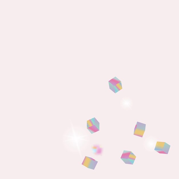 Telón de fondo caótico de confeti. Borde de lámina. Tarjeta de aniversario geométrica. Tarjeta de cumpleaños con textura metálica. Holo confeti. Partículas de cubo holográfico aisladas. Bokeh cuadrado vectorial. Fondo iridiscente.