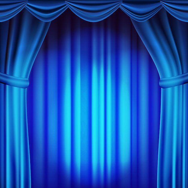 Telón de fondo de la cortina de teatro azul. Fondo de teatro, ópera o cine. Escenario Seda Vacía, Escena Azul. Ilustración realista