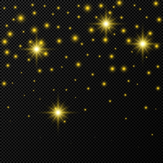 Telón de fondo dorado con estrellas y destellos de polvo aislado sobre fondo transparente oscuro. celebración mágica efecto de luz brillante de navidad. ilustración vectorial.