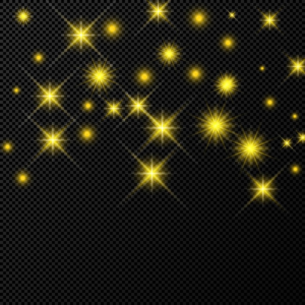 Vector telón de fondo dorado con estrellas y destellos de polvo aislado sobre fondo transparente oscuro. celebración mágica efecto de luz brillante de navidad. ilustración vectorial.