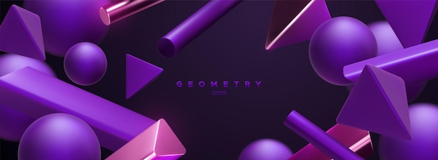 Telón de fondo de formas geométricas púrpura. Fondo elegante abstracto. Ilustración vectorial 3d. Composición de primitivas de geometría fluida. Diseño de banner o cartel. Plantilla de portada futurista moderna