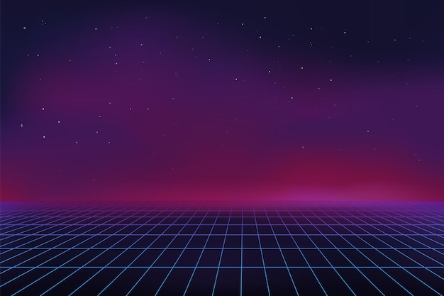 Telón de fondo de juego retro ondas digitales paisaje futuro abstracto cuadrícula púrpura virtual 3D línea malla láser perspectiva espacial telón de fondo ciberespacio red diseño gráfico vectorial