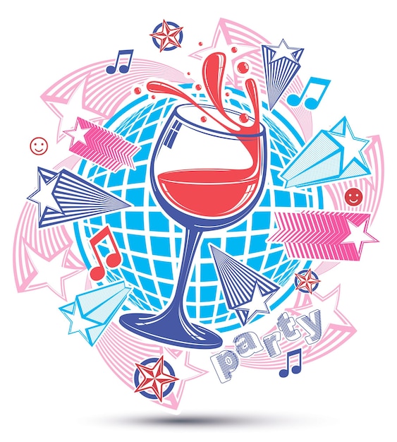 Telón de fondo de ocio festivo con notas musicales y saludo - afiche temático lounge. copa de cristal con vino colocada sobre el símbolo de la tierra.