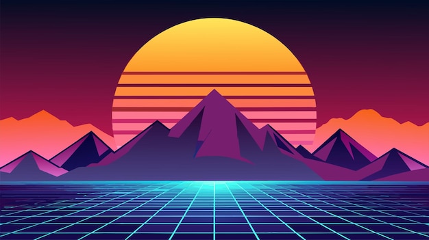 Vector telón de fondo de videojuego retro con montañas y puesta de sol