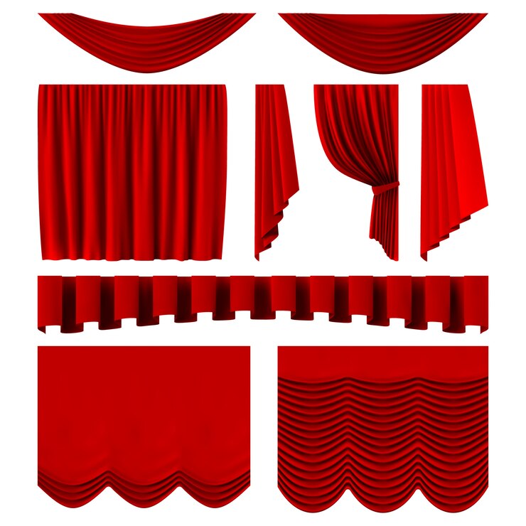 Vector telones rojos. decoración teatral realista, espectaculares cortinas rojas de lujo. conjunto de ilustración de cortinas de terciopelo de seda escarlata. cine, sala de cine decoración interior