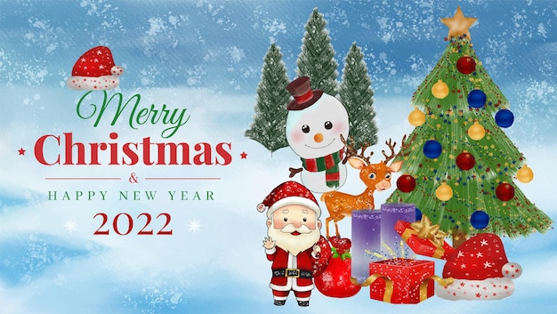 Tema de acuarela de Navidad y fondo de banner de feliz año nuevo con santa y muñeco de nieve