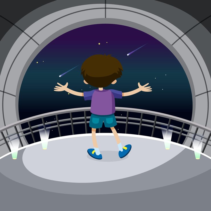 Vector tema de astronomía con niño mirando estrellas.
