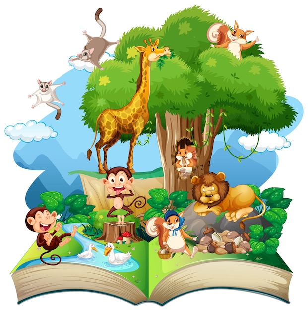 Vector tema de bosque de libro abierto con animal sobre fondo blanco