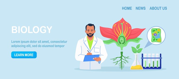 Vector tema de botánica de biología biólogo que explora la naturaleza científico que realiza análisis de laboratorio del sistema de vida de las plantas microbiología de ingeniería molecular investigador químico que trabaja con equipos de laboratorio