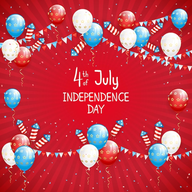 Tema del día de la independencia Globos y cohetes pirotécnicos con letras 4 de julio sobre fondo rojo El concepto de vacaciones se puede utilizar para carteles de tarjetas e ilustraciones de pancartas