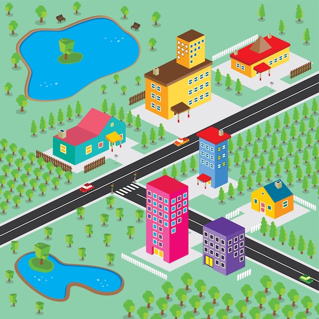 tema de dibujos animados de vista residencial isométrica