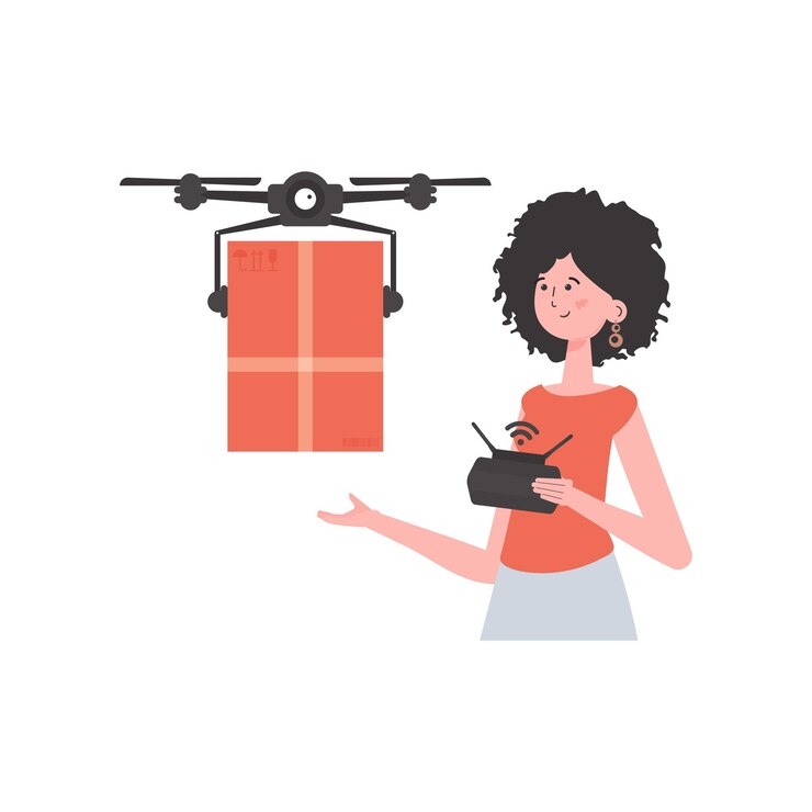 Vector tema de entrega una mujer controla un dron con un paquete aislado sobre fondo blanco ilustración vectorial