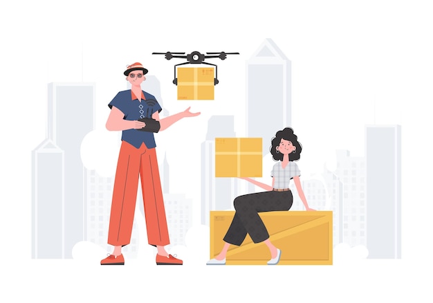 Tema de entrega El quadcopter transporta el paquete Hombre y mujer con cajas de cartón Vector