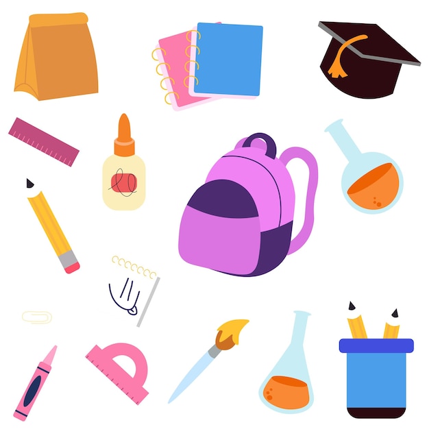 Tema de la escuela y los niños Ilustración vectorial con útiles escolares Ilustración vectorial con la escuela
