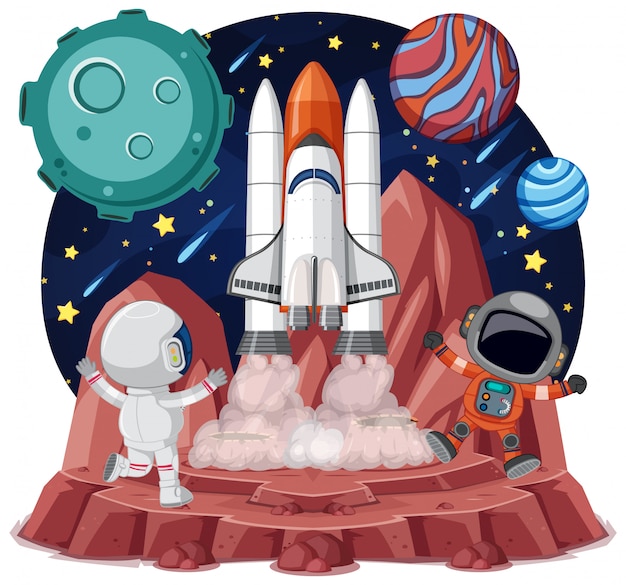 Tema espacial con astronautas y nave espacial aislada sobre fondo blanco