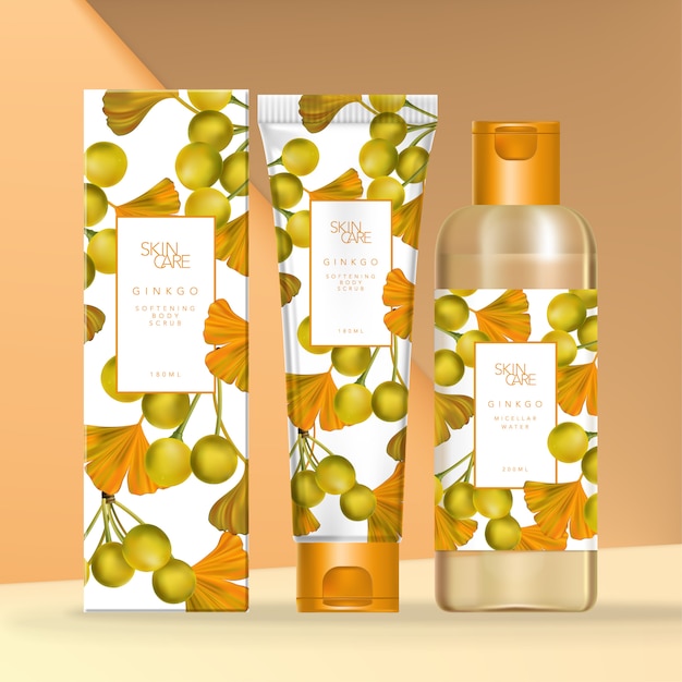 Tema Ginkgo Belleza, cuidado de la piel o cuidado de la salud Botella transparente o empaque de tubo con caja de cartón Ilustración exterior.