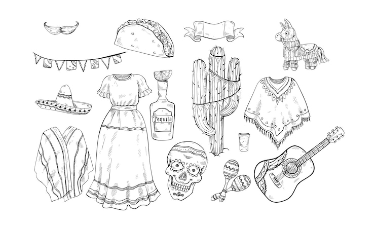 Vector tema mexicano grabado de ilustración dibujado a mano