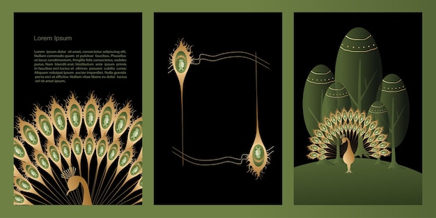 El tema místico y elfo del conjunto de vectores incluye ilustraciones de marcos de bosques de hadas y pavos reales Colores negros, verdes y dorados con degradado para imágenes prediseñadas de decoración