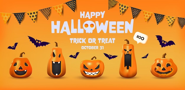 Tema naranja de Halloween exhibe el podio del producto en papel fondo gráfico con grupo de ilustración 3D Jack O Lanterna calabaza y luz de vela Ilustración 3D vectorial