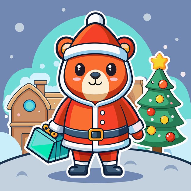 Vector tema de navidad con oso y regalo mascota dibujada a mano personaje de dibujos animados pegatina icono concepto aislado