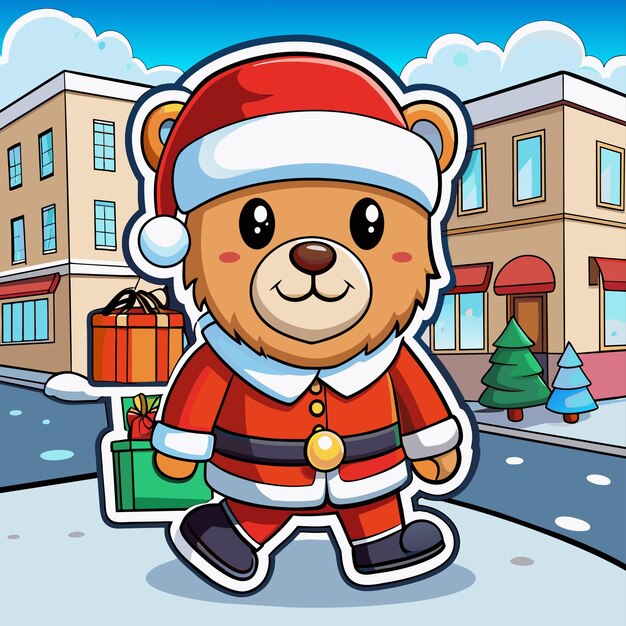 Vector tema de navidad con oso y regalo mascota dibujada a mano personaje de dibujos animados pegatina icono concepto aislado