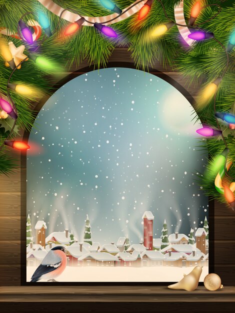 Tema navideño - Ventana con una especie de pueblo de invierno.