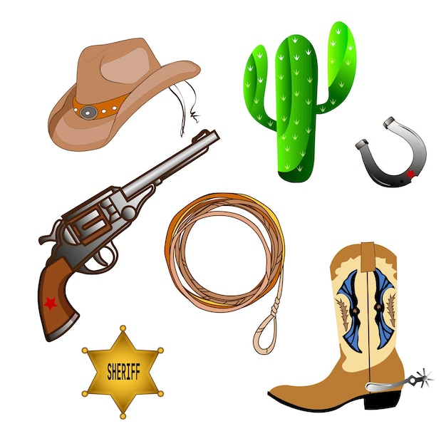 Tema del oeste del vaquero, concepto del salvaje oeste. Varios objetos. Bota, pistola, sombrero, lazo, cactus, herradura