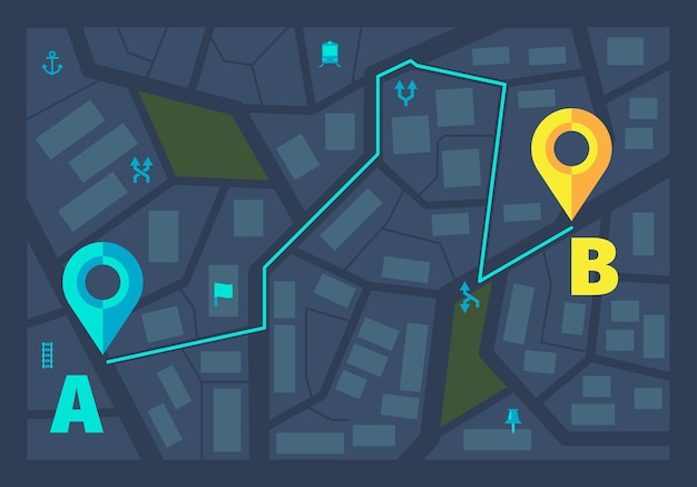 Tema oscuro de la interfaz de usuario de GPS. Línea de ruta de mapas de seguimiento de la ciudad de gps con marcadores de pin, geografía, infografía moderna para viajeros, plantilla de vector chillón. Ilustración interfaz de navegación gps, ubicación de la calle